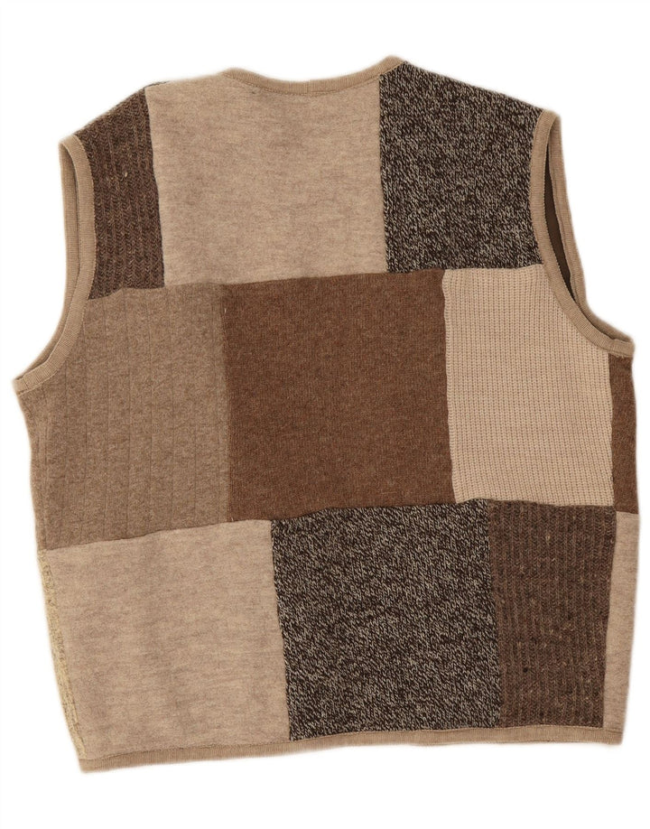 Vintage Damen Ärmelloser offener Cardigan Pullover UK 16 Groß Beige Patchwork