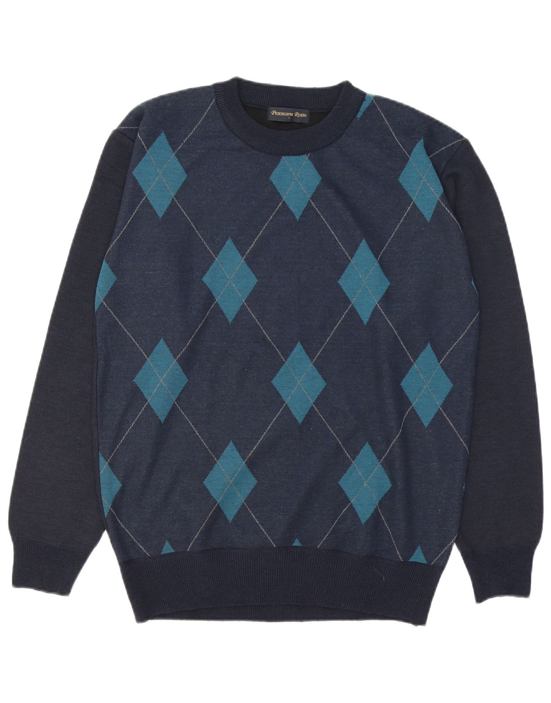 Vintage Herren-Pullover mit Rundhalsausschnitt, groß, marineblau, Argyle-/Diamant-Wolle