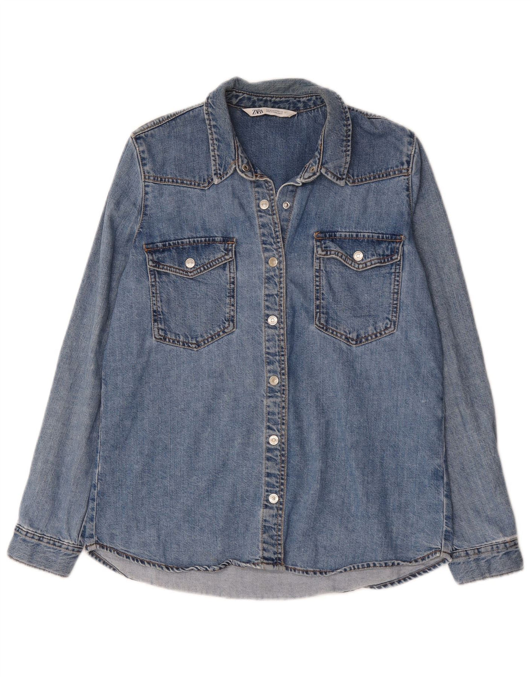 Zara Damen Jeanshemd UK 14 Mittelblaue Baumwolle