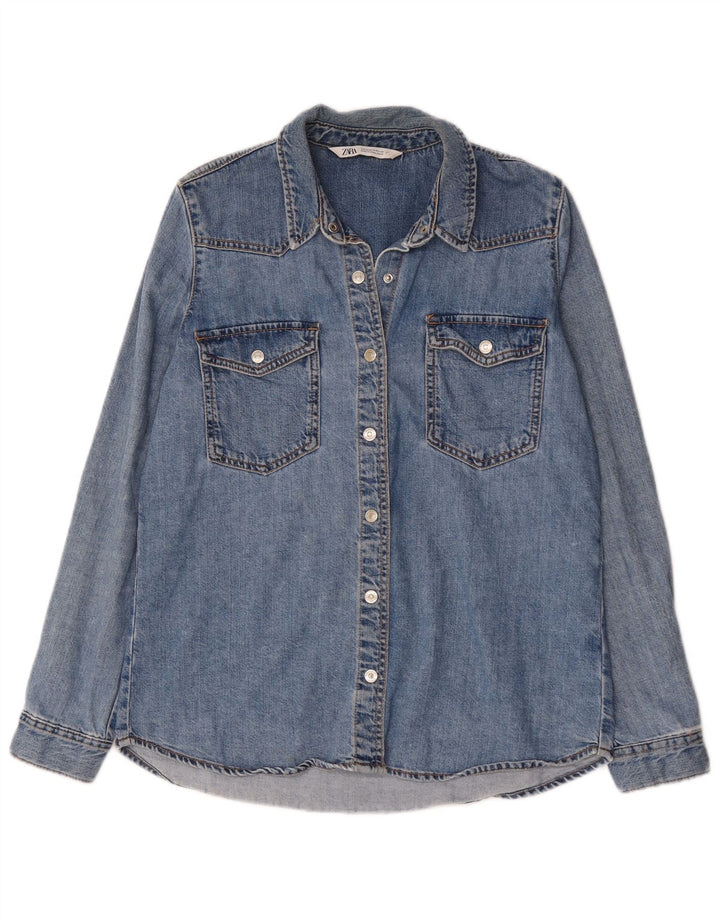 Zara Damen Jeanshemd UK 14 Mittelblaue Baumwolle