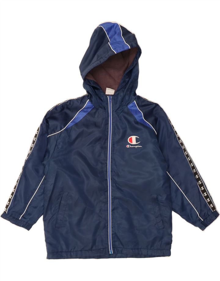 CHAMPION Boys Graphic Hooded Windbreaker Jacket 9-10 Years Navy Blue Vintage Champion and Second-Hand Champion from Messina Hembry 