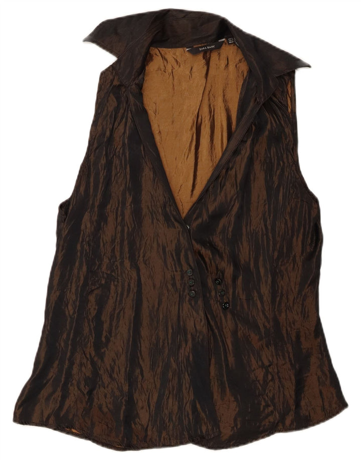 Zara Damen ärmellose Hemdbluse UK 12 Mittelbraunes Acetat