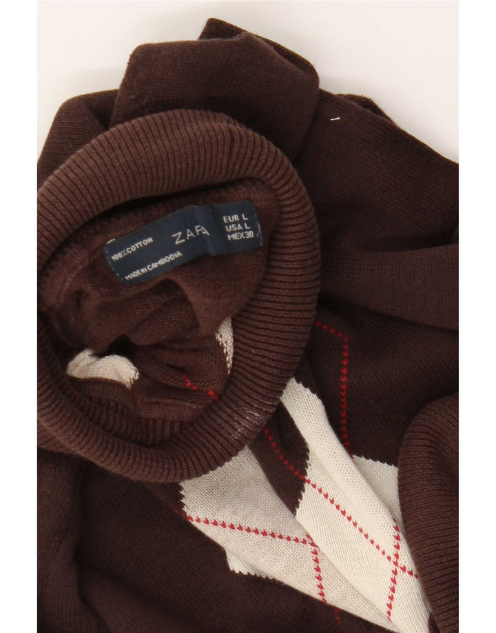Zara Damen-Pullover mit Rollkragen, Gr. 44, Braun, Argyle/Diamant