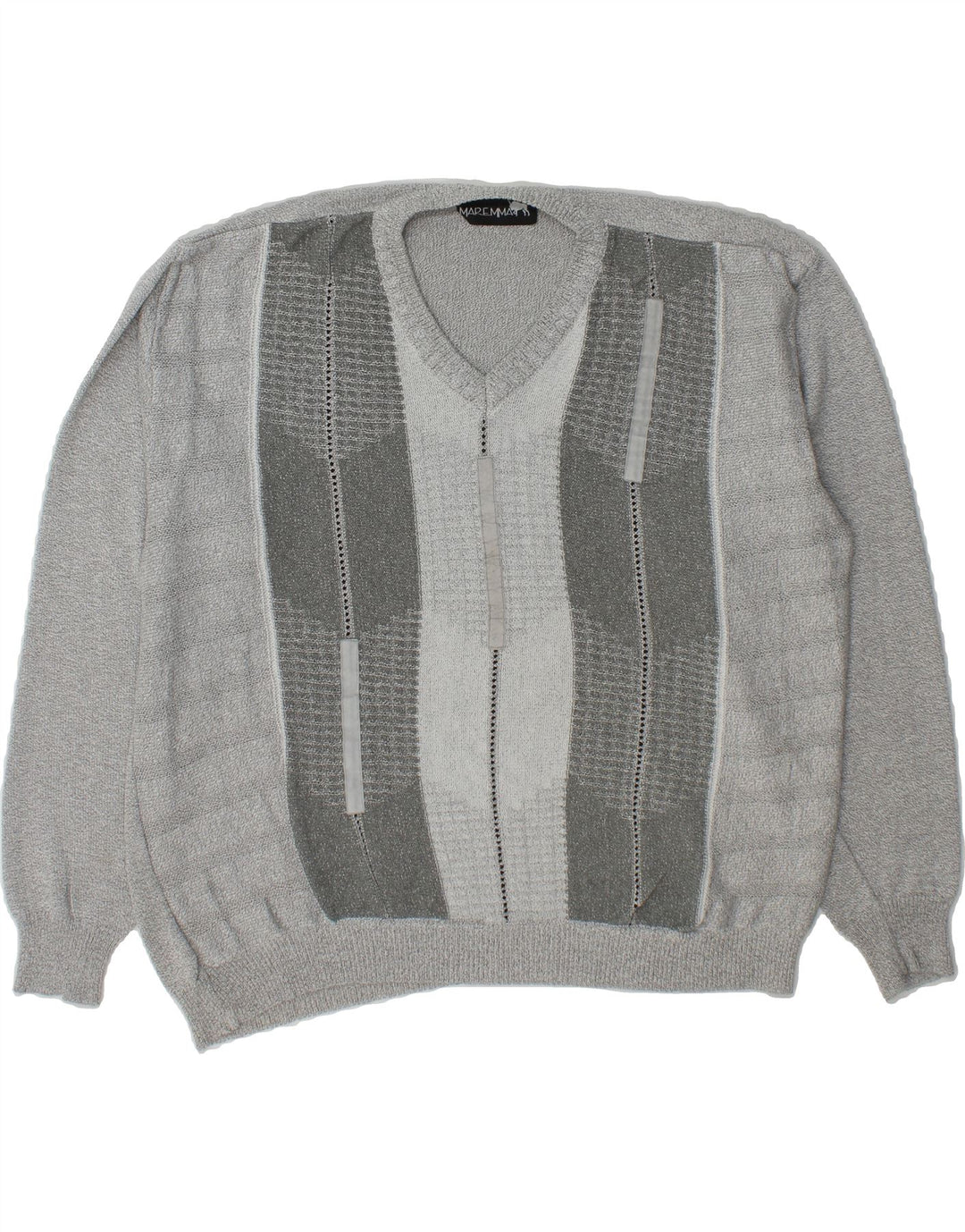 VINTAGE Mens V-Neck Jumper Sweater IT 50 Medium Grey Colourblock Vintage Vintage and Second-Hand Vintage from Messina Hembry 