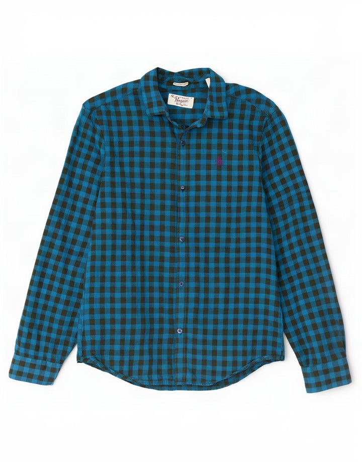 Penguin Herren Heritage Slim Fit Flanellhemd aus mittelblauer Gingham-Baumwolle