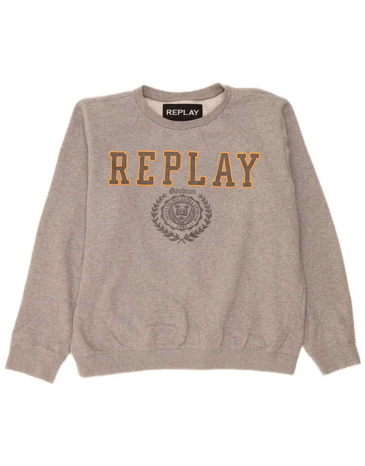 Replay Herren-Sweatshirt mit Grafik, groß, grau gefleckte Baumwolle