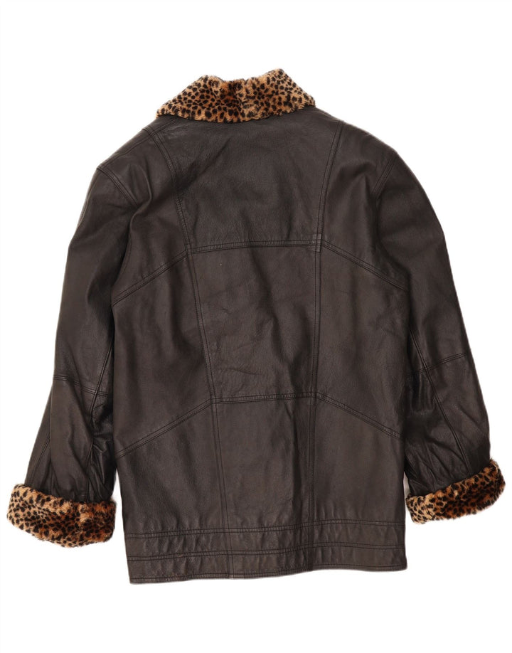 VINTAGE Damen Übergroßer Ledermantel UK 10 Kleiner schwarzer Tierdruck