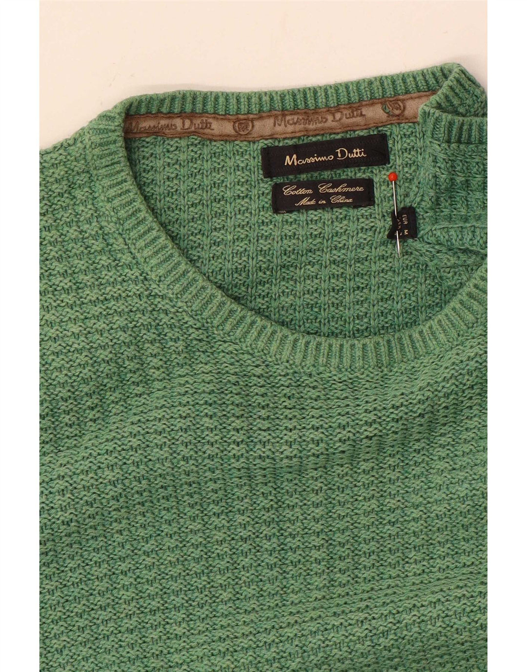 Massimo Dutti Herren-Pullover mit Rundhalsausschnitt, mittelgrüne Baumwolle