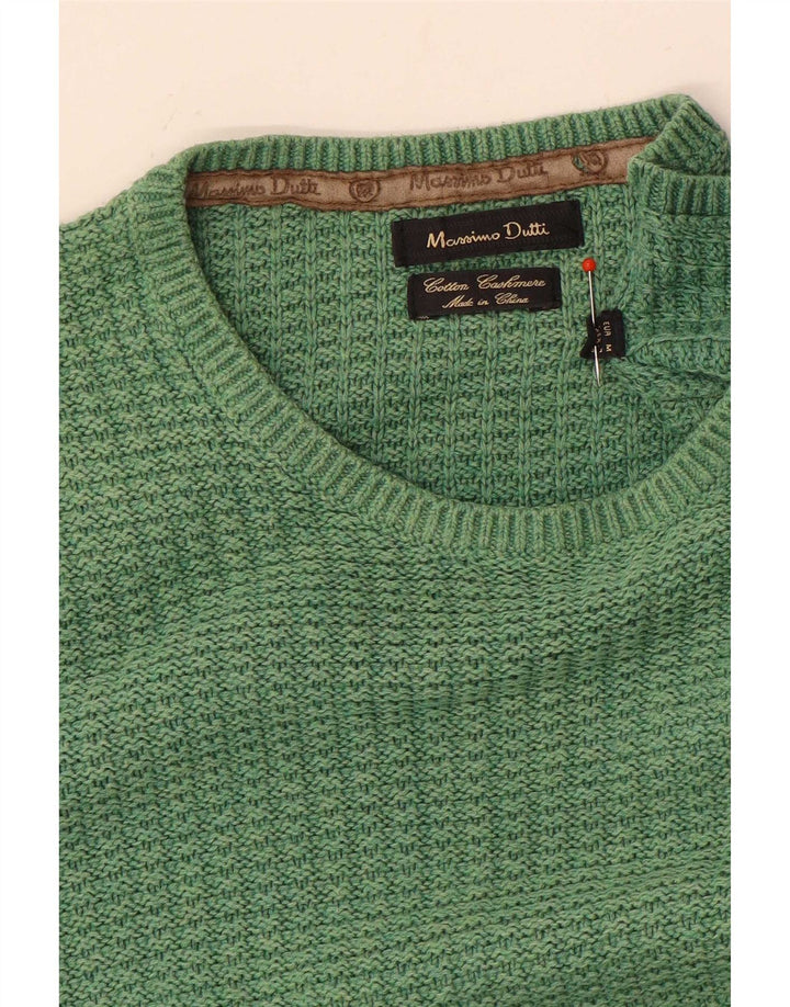 Massimo Dutti Herren-Pullover mit Rundhalsausschnitt, mittelgrüne Baumwolle