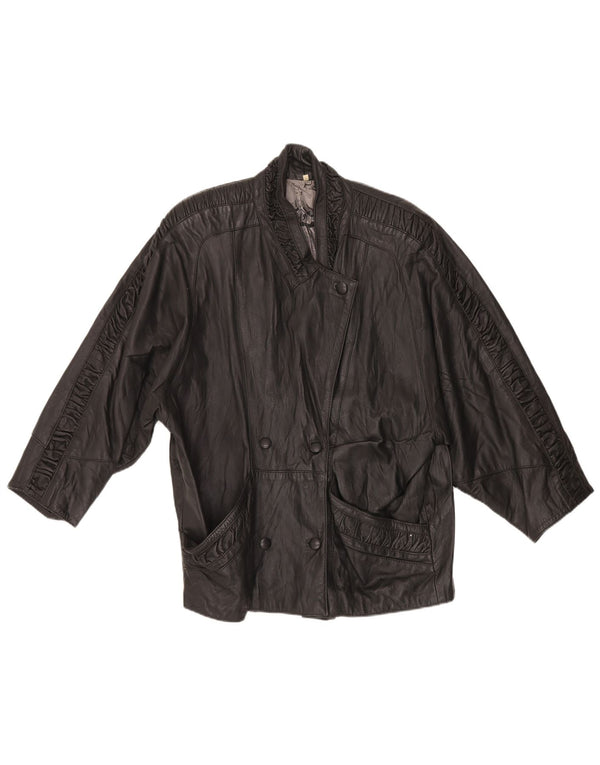 Vintage Damen 3/4 Ärmel Zweireihige Lederjacke UK 16 Large Schwarz