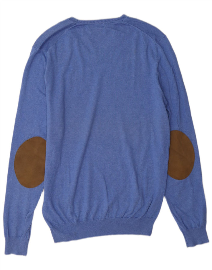 Massimo Dutti Herren-Pullover mit V-Ausschnitt aus mittelblauer Baumwolle