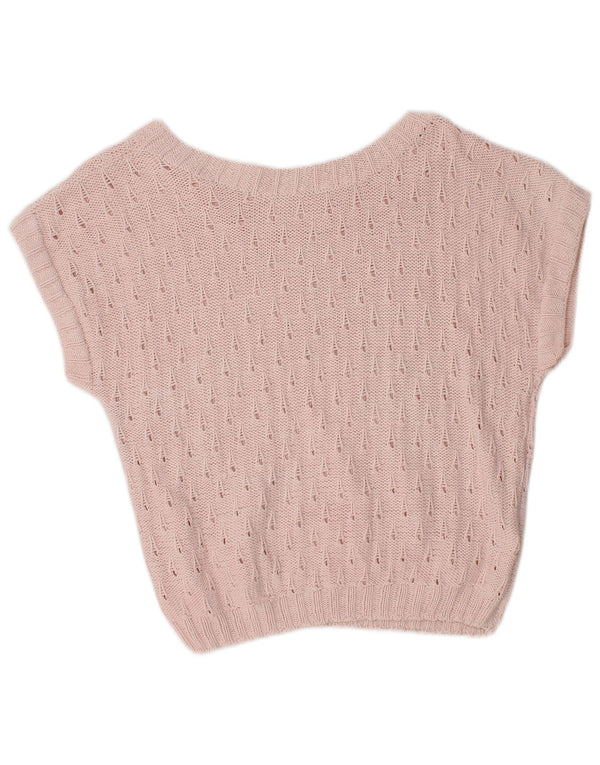 Vintage Damen Crop Kurzarm Pullover mit U-Boot-Ausschnitt UK 12 Mittelrosa