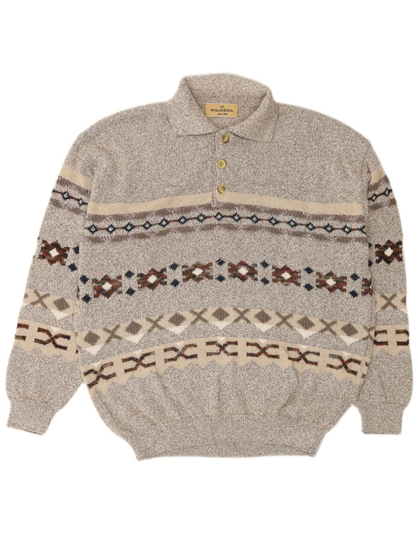 Malagrida Herren-Pullover mit Rollkragen, groß, graue Fair-Isle-Baumwolle