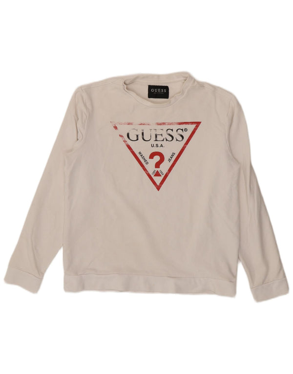 Guess Damen-Top mit Grafik, langärmlig, UK-Größe 46, Größe L, weiße Baumwolle