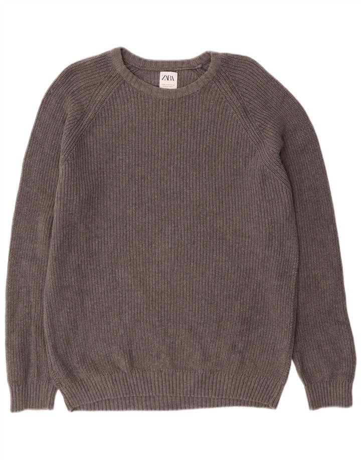 Zara Herren-Pullover mit U-Boot-Ausschnitt, mittelgraue Baumwolle