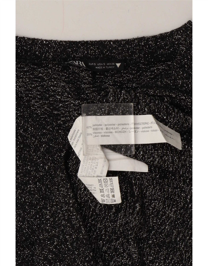 Zara Damen Top Langarm UK 10 Small Schwarz geflecktes Polyester