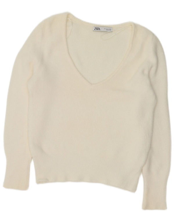 Zara Damen-Pullover mit V-Ausschnitt, Gr. 42, Größe L, Weiß