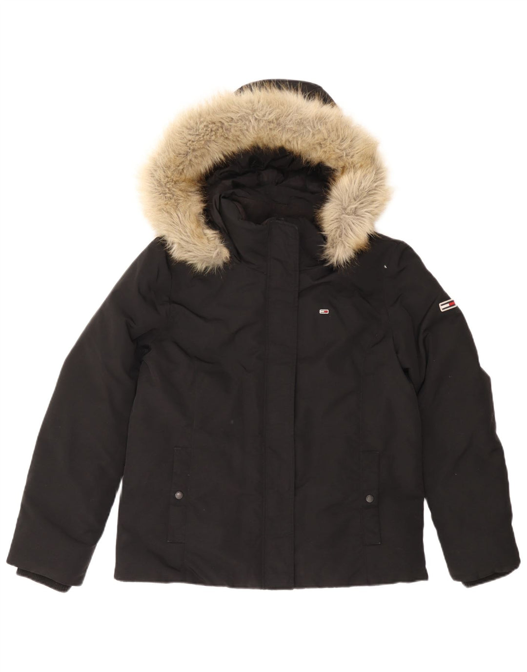Tommy Hilfiger Wattierte Damenjacke mit Kapuze, UK 16, Größe L, Schwarz, Polyamid