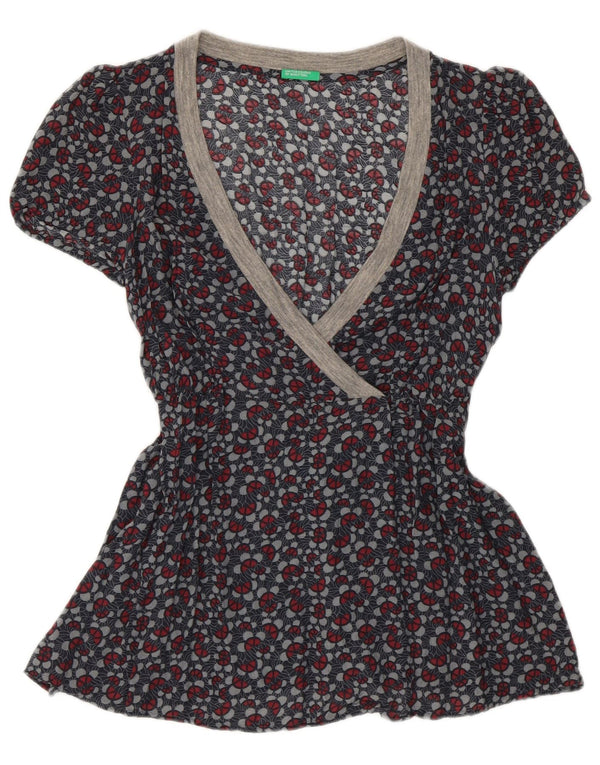 Benetton Damen-Blusenoberteil, Gr. 40, Größe S, Grau, Blumenmuster