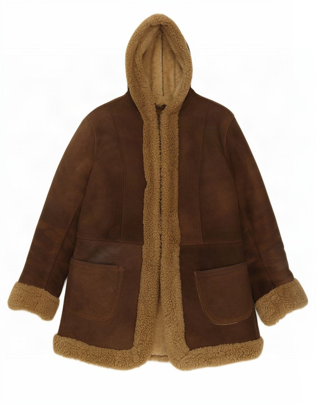 Vintage Damen Lammfelljacke mit Kapuze, UK 10, kleines braunes Leder