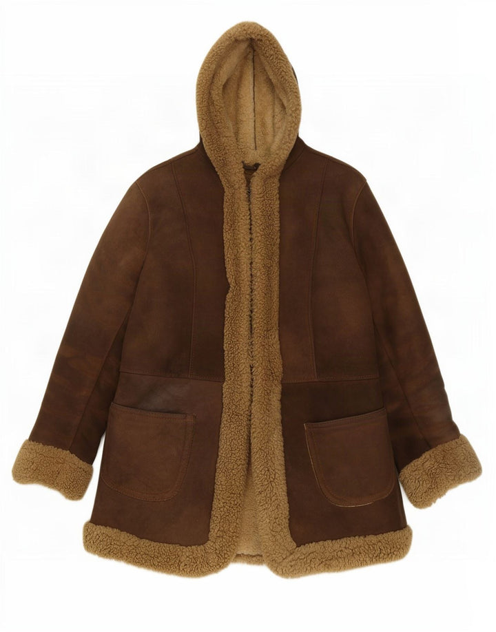Vintage Damen Lammfelljacke mit Kapuze, UK 10, kleines braunes Leder