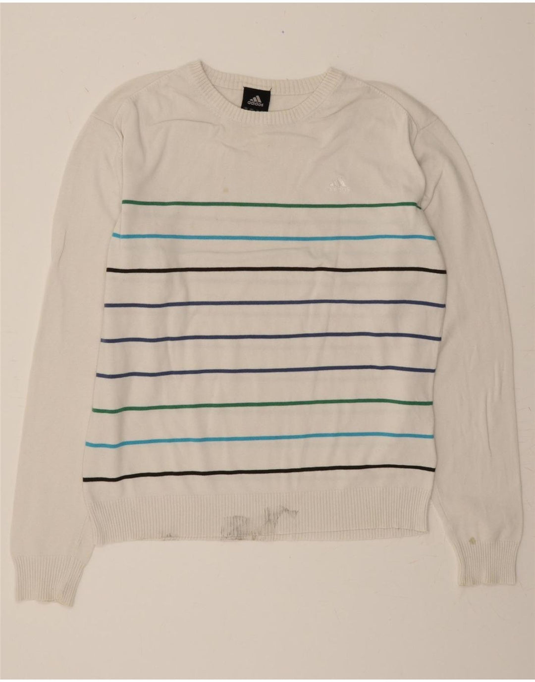 ADIDAS Mens Crew Neck Jumper Sweater Large White Striped Cotton Vintage Adidas and Second-Hand Adidas from Messina Hembry 