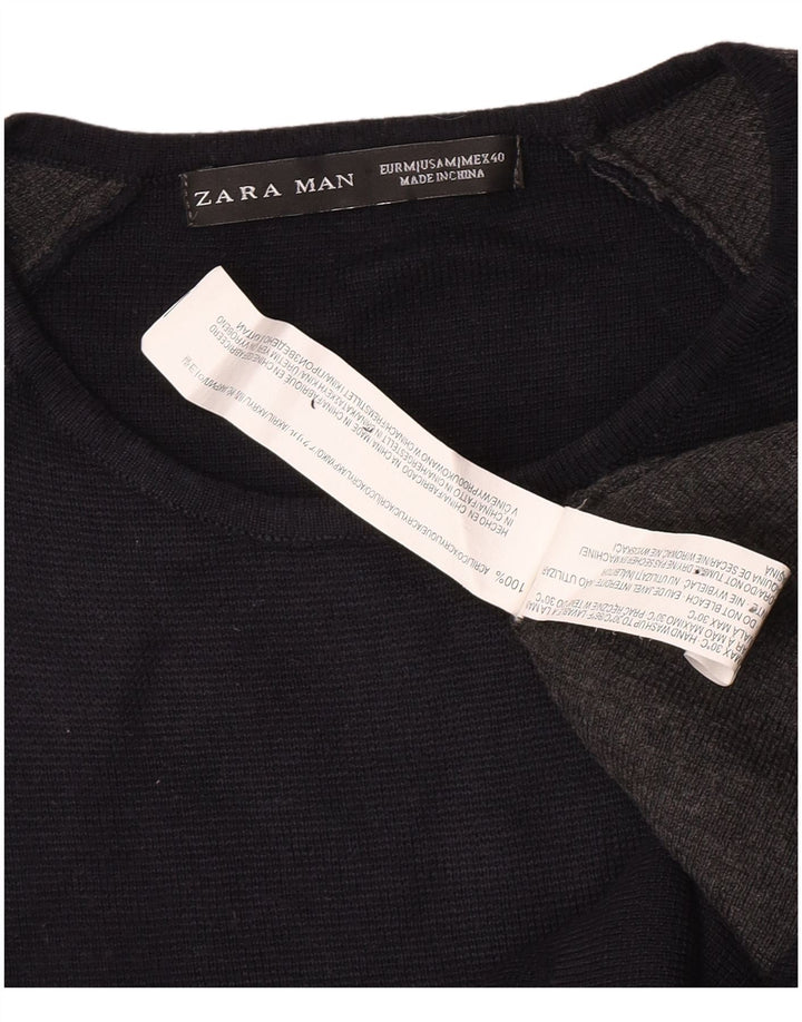 Zara Herren-Oberteil, langärmelig, mittelgroß, Marineblau, Farbblock-Acryl