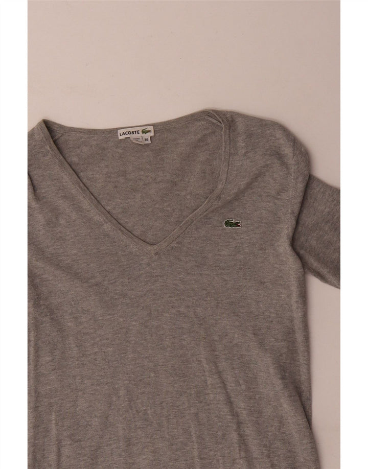 Lacoste Damen-Pullover mit V-Ausschnitt, Größe 36, kleine grau gefleckte Baumwolle