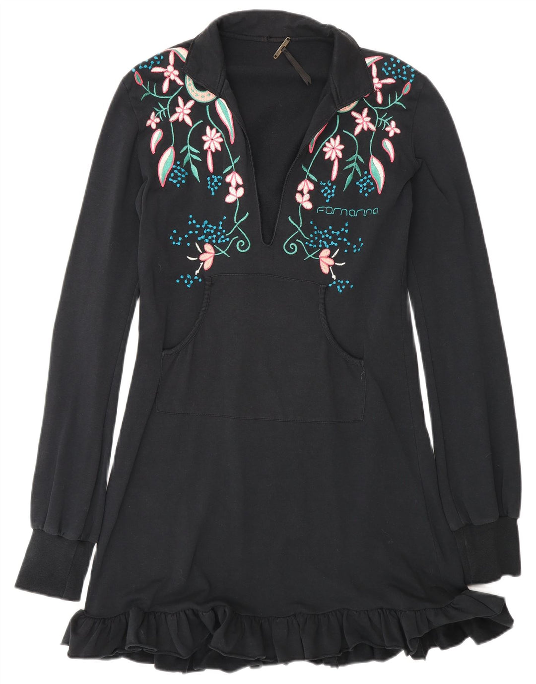 Fornarina Damen-Basic-Kleid mit langen Ärmeln, UK-Größe 42, mittelschwarz, geblümt, Baumwolle
