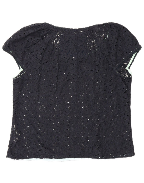 Superdry Damen-Blusenoberteil aus durchsichtiger Spitze, UK 16, Größe L, Marineblau, Baumwolle