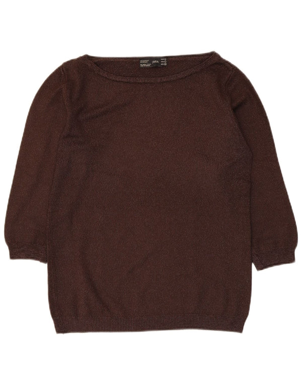 Zara Damen-Pullover mit 3/4-Ärmeln und U-Boot-Ausschnitt, Gr. 14, Größe L, Braun, Acryl