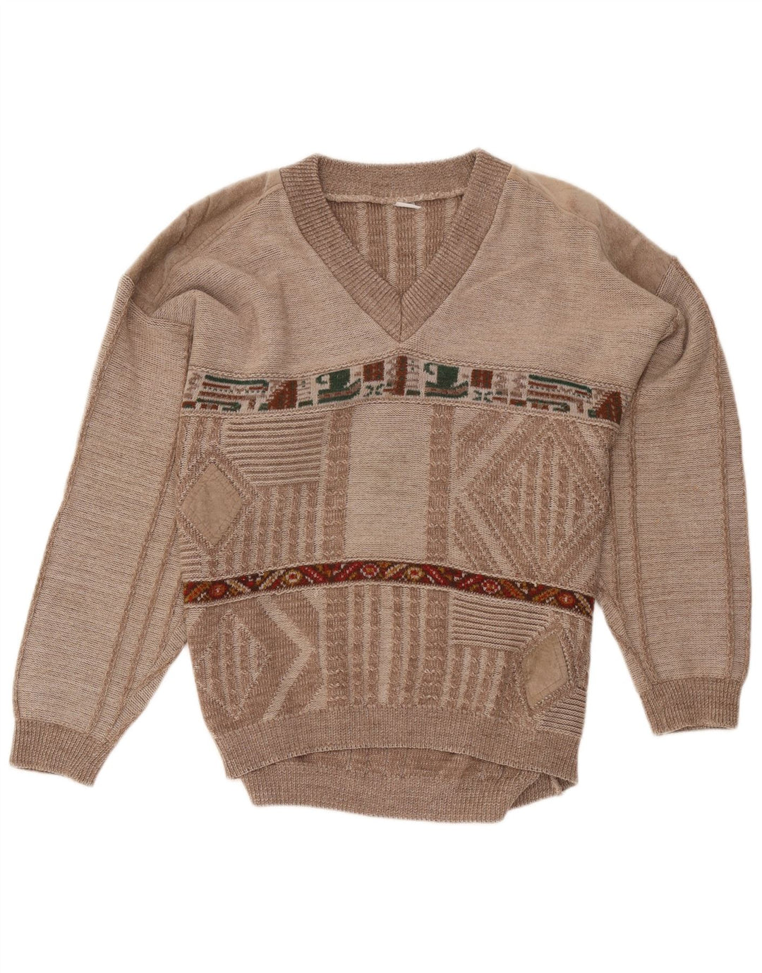 VINTAGE Herren-Pullover mit V-Ausschnitt, mittelbraun, geometrisch