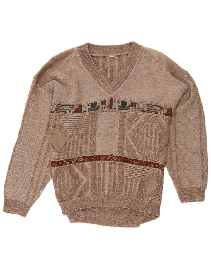 VINTAGE Herren-Pullover mit V-Ausschnitt, mittelbraun, geometrisch