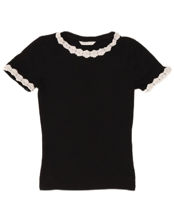 Zara Damen Crop T-Shirt Top UK 8 Small Schwarz geblümt Baumwolle