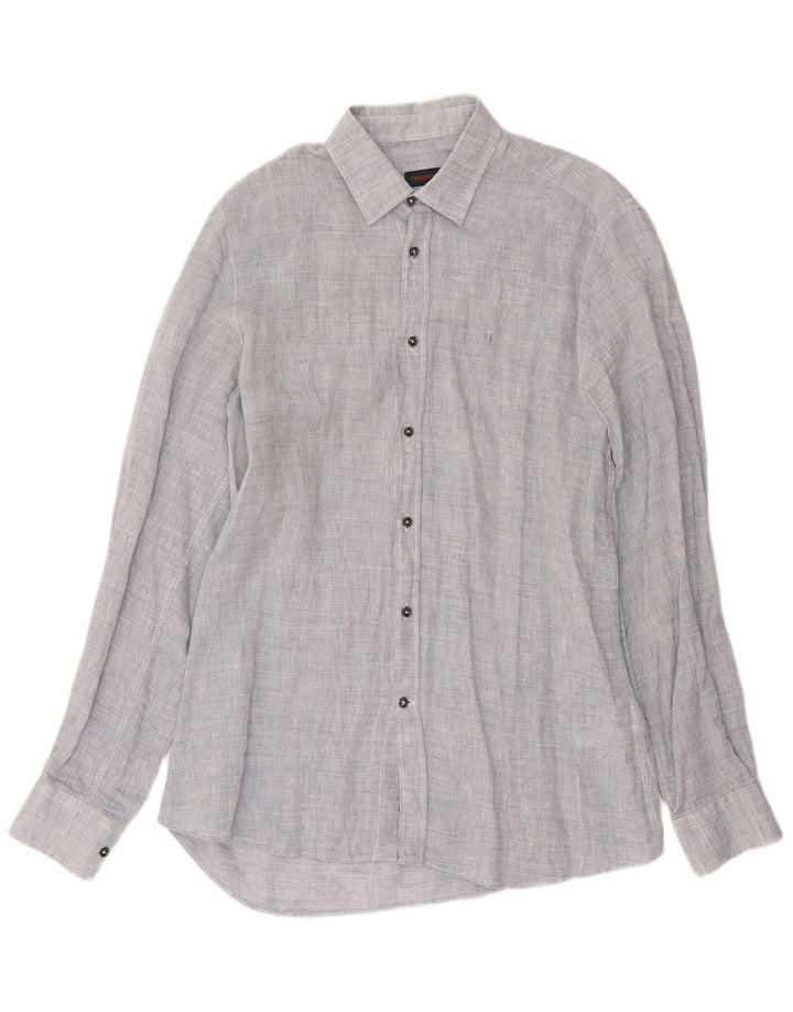 Trussardi Herrenhemd Größe 39 Mittelblau meliertes Leinen