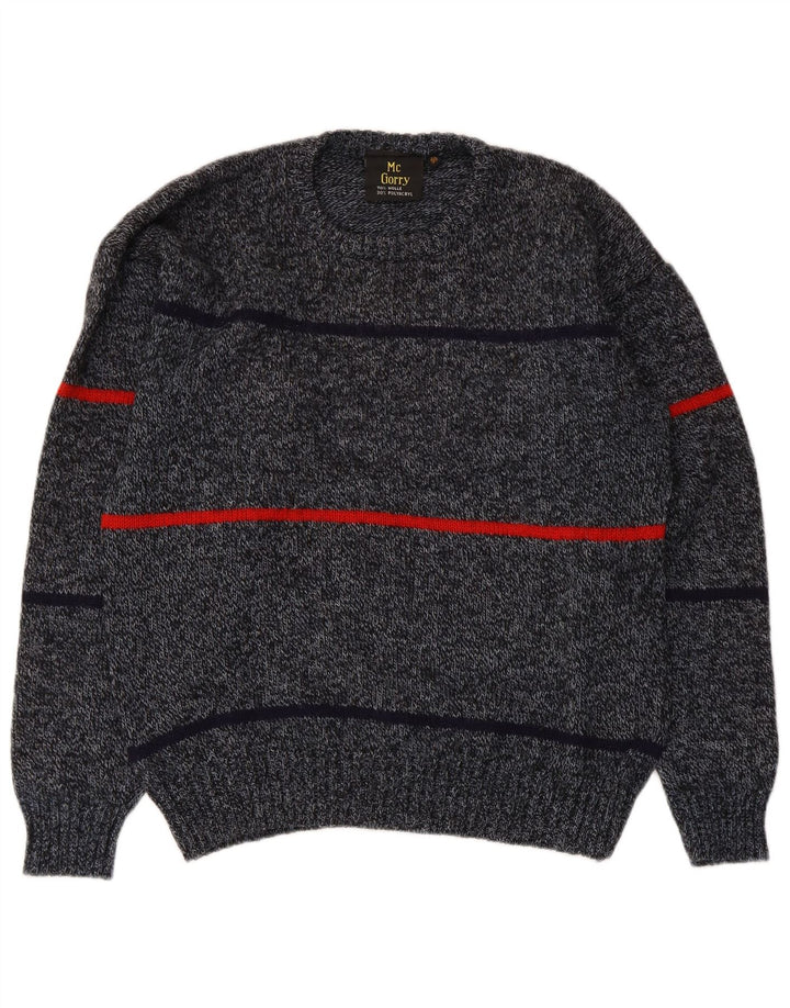 Vintage Herren Pullover mit Rundhalsausschnitt IT 50 Mittelgrau gestreifte Wolle