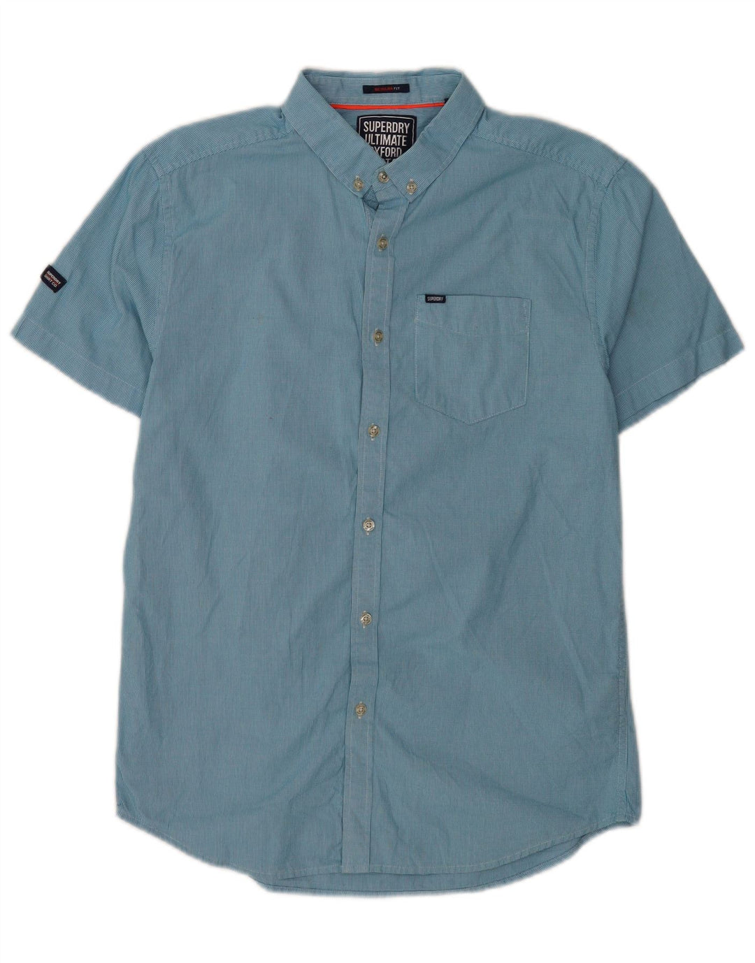 Superdry Herren-Hemd mit normaler Passform und kurzen Ärmeln aus mittelblauer Hahnentritt-Baumwolle