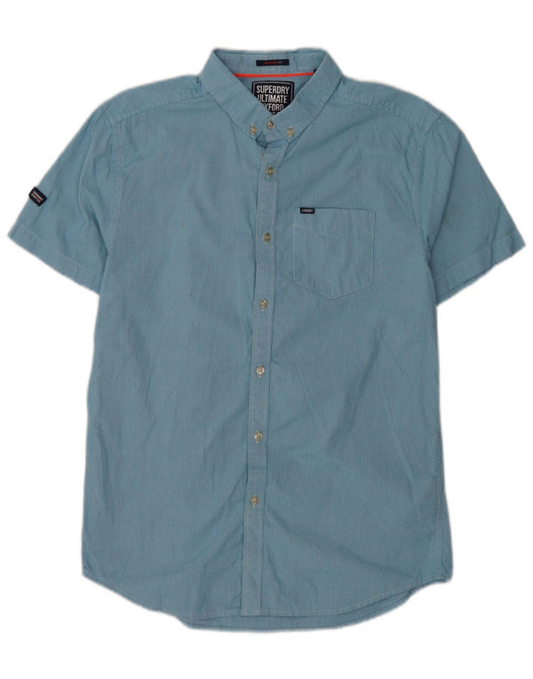 Superdry Herren-Hemd mit normaler Passform und kurzen Ärmeln aus mittelblauer Hahnentritt-Baumwolle