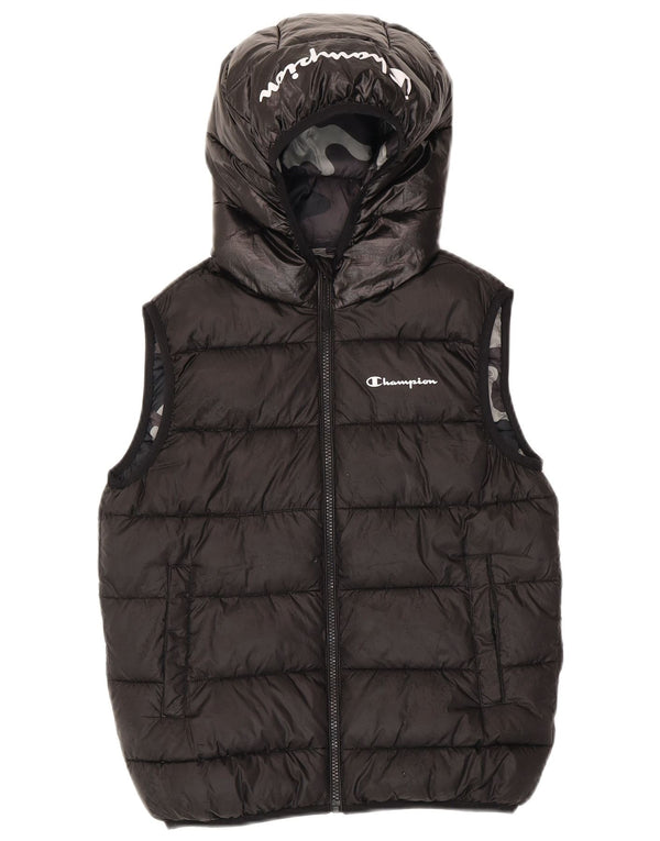 Champion wattierte Weste für Jungen mit grafischer Kapuze, 11–12 Jahre, groß, aus schwarzem Polyester