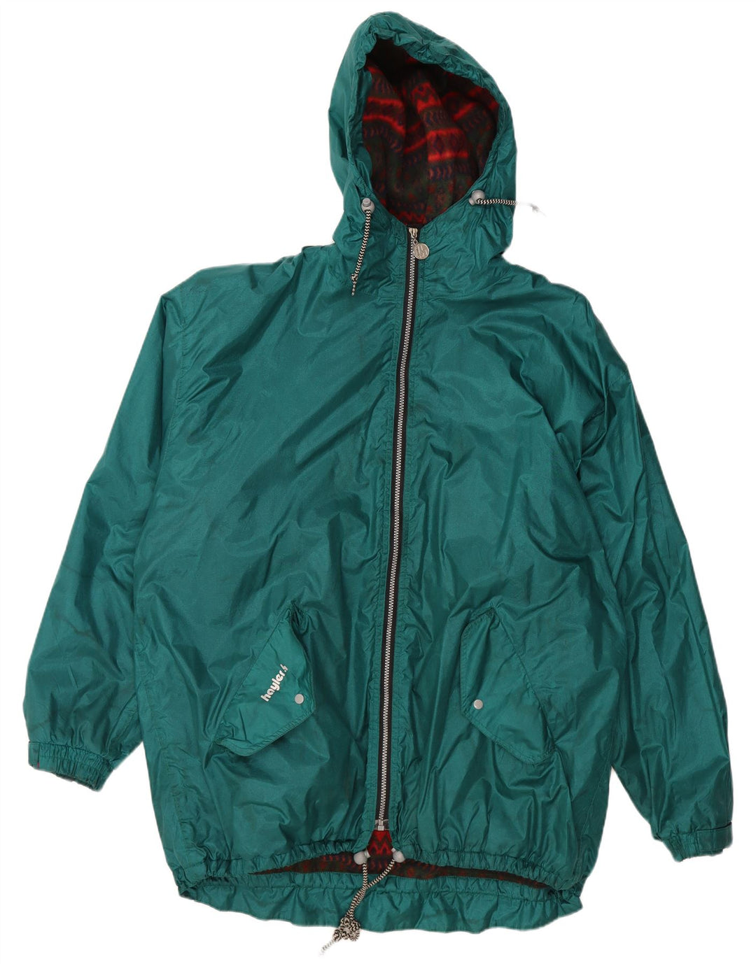 VINTAGE Herren-Windbreaker-Mantel mit grafischer Kapuze, UK 42 XL, grünes Polyamid