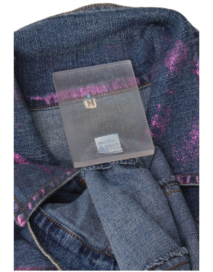 Vintage Damen Crop Jeansjacke UK 12 Mittelblaue Batik-Baumwolle