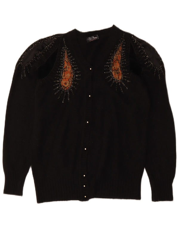 Vintage Damen Grafischer Cardigan Pullover UK 16 Große schwarze Paisley-Wolle