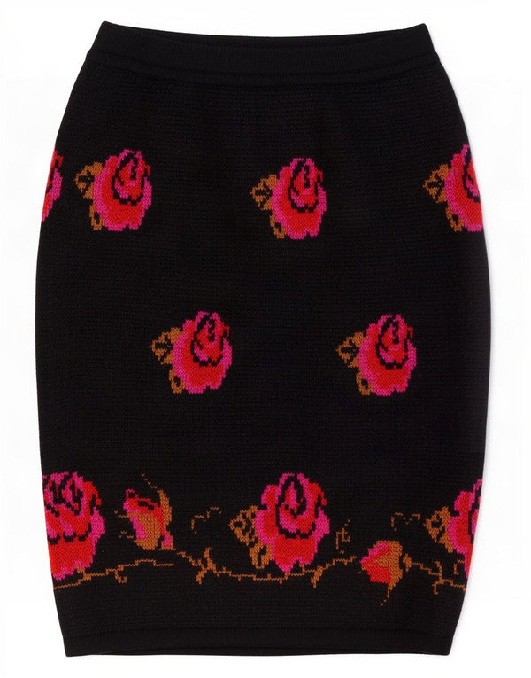 Stefanel Damen-Strick-Bleistiftrock, mittelgroß, W28, schwarze Wolle mit Blumenmuster