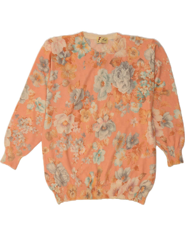 VINTAGE Damen Pullover mit Rundhalsausschnitt UK 18 XL Rosa geblümte Wolle
