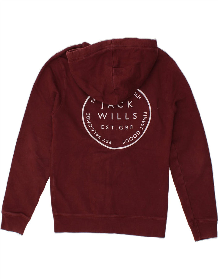 JACK WILLS Mens Graphic Zip Hoodie Sweater Small Maroon Cotton Vintage Jack Wills and Second-Hand Jack Wills from Messina Hembry 