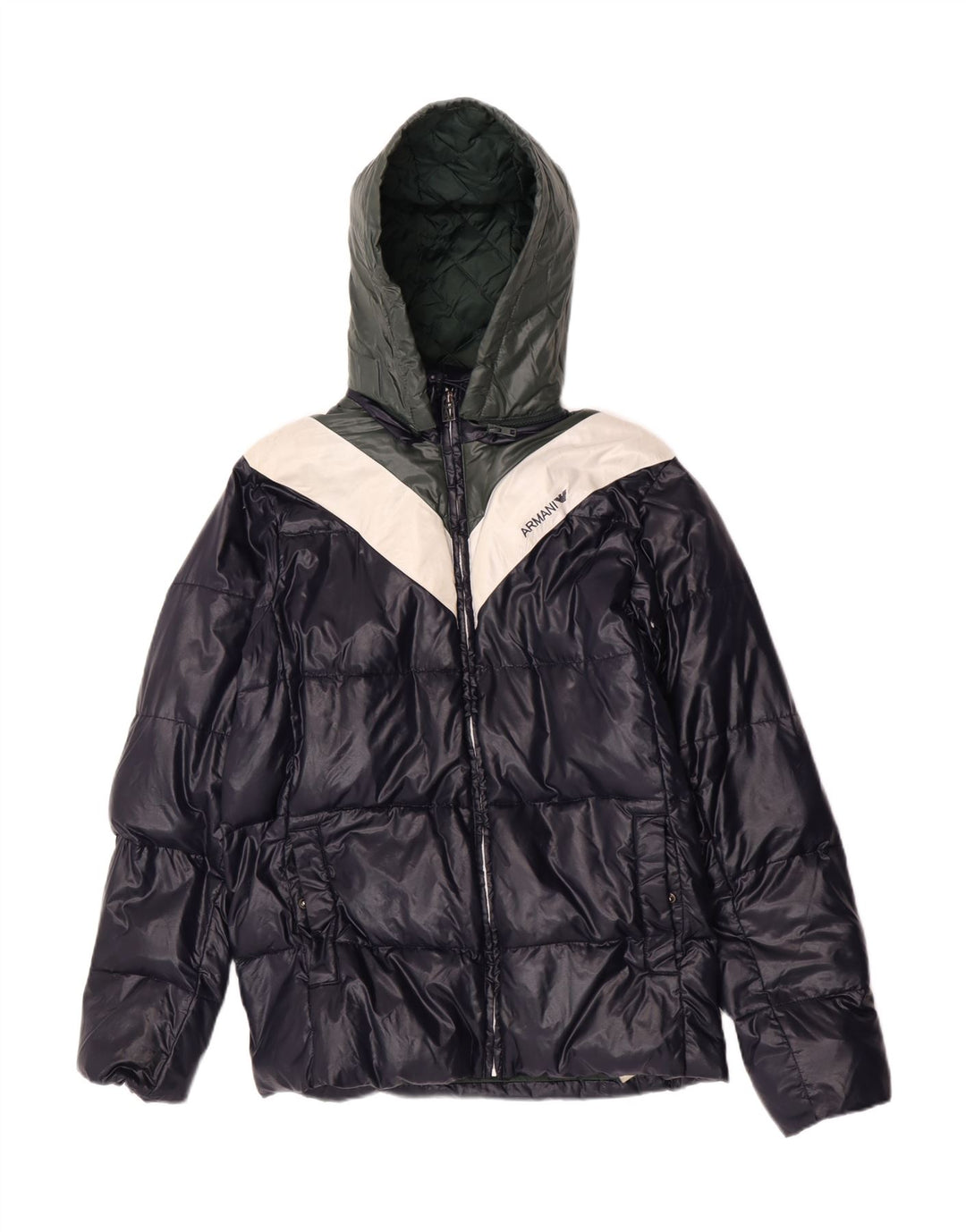 Armani Junior Boys Wattierte Jacke mit Kapuze, 15–16 Jahre, Marineblau, Farbblock