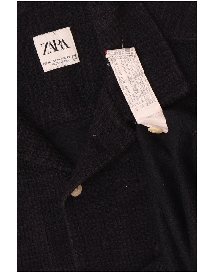 Zara Herren-Kurzarm-Flanellhemd aus mittlerer marineblauer Baumwolle