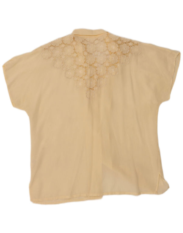 Vintage Damen Kurzarm-Hemdbluse IT 44 Medium Off White Floral Silk