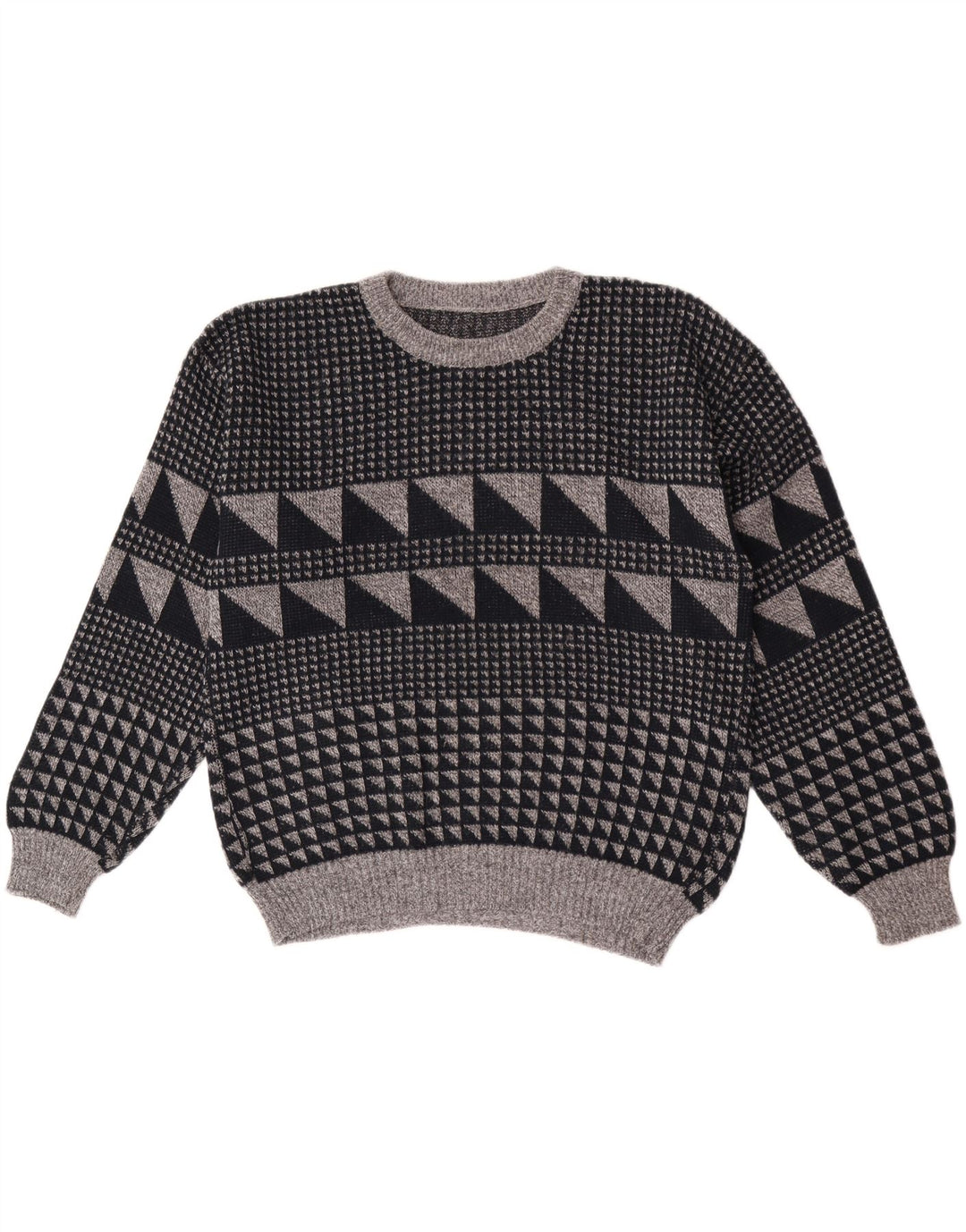 Vintage Herren Pullover mit Rundhalsausschnitt, groß, grau, geometrisch
