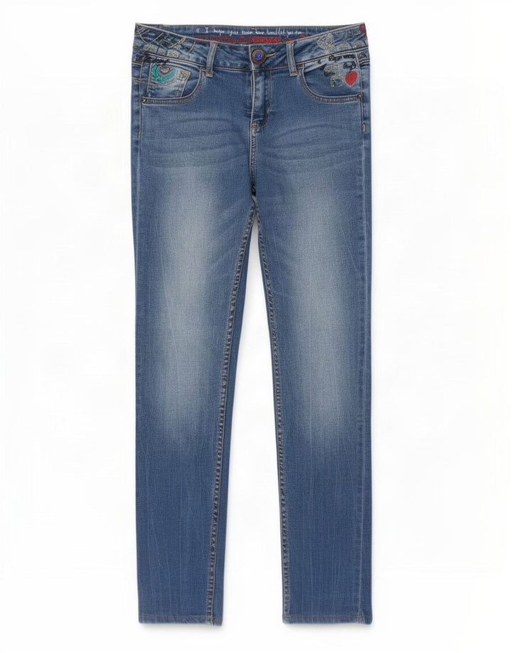 Desigual Damen Graphic Slim Jeans W30 L27 Blaues Polyester